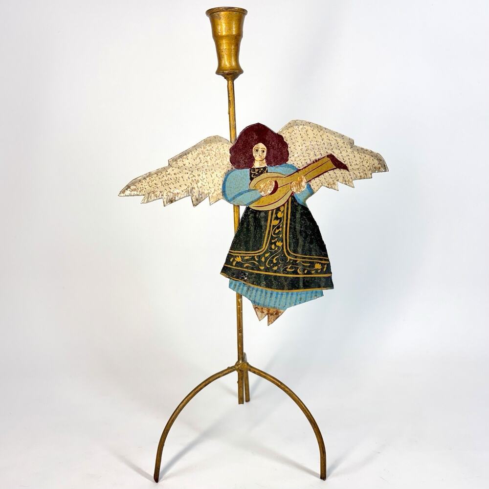 VTG Folk Art Angel Playing Lute Handpainted Metal Taper Candlestick Holder 15”
